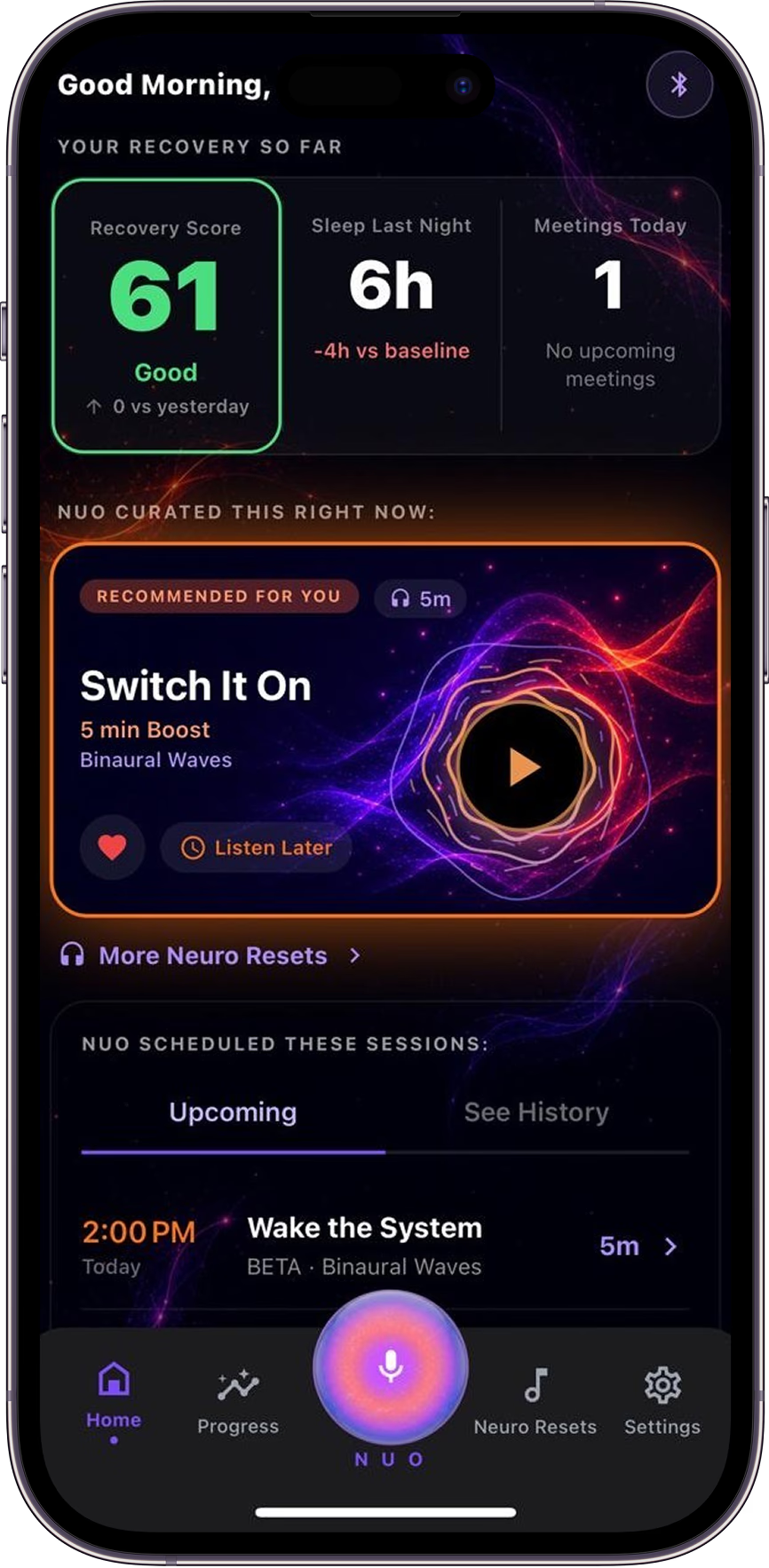 NextYou home screen showing a recovery score and a recommended session