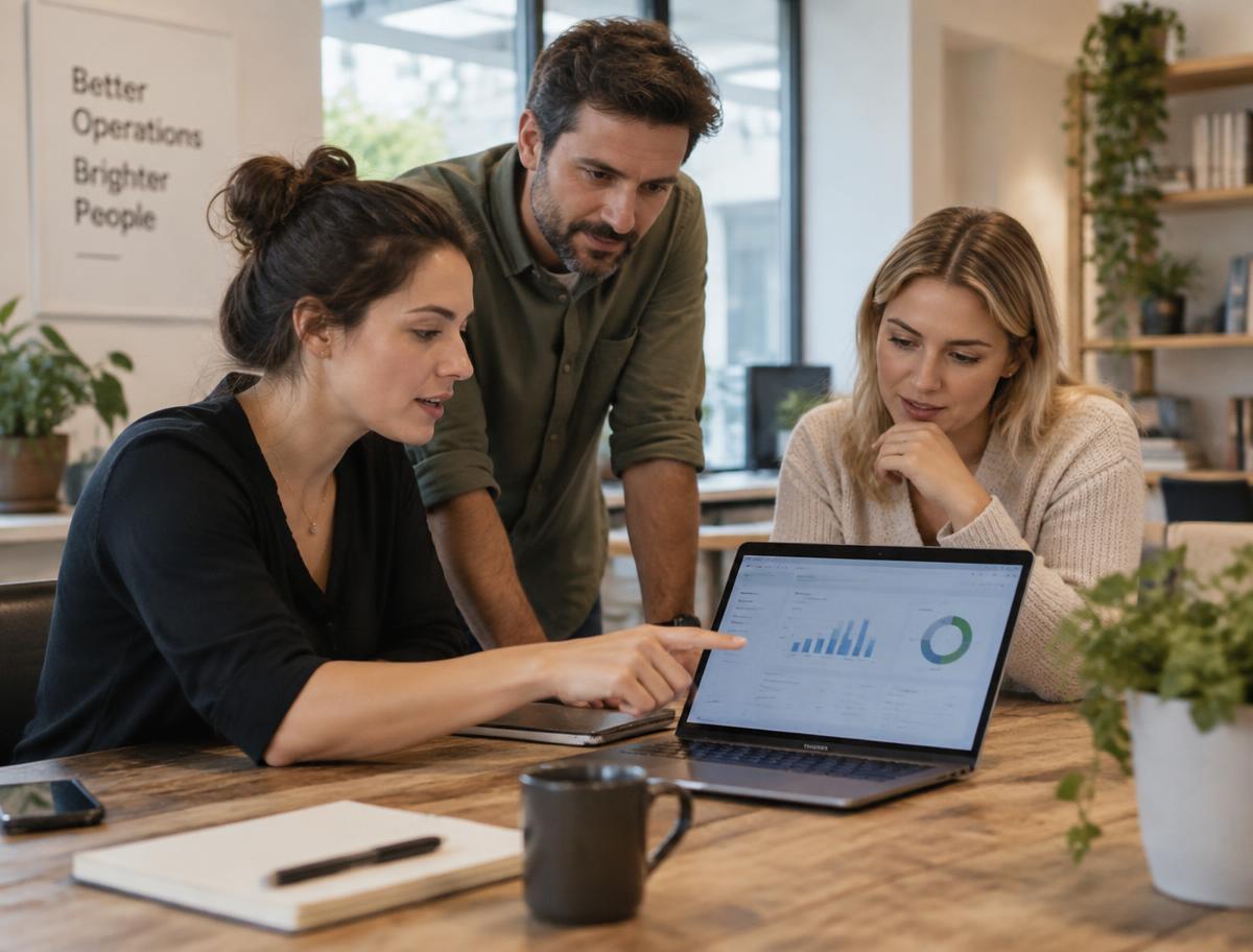 A team reviewing a reporting dashboard on a laptop
