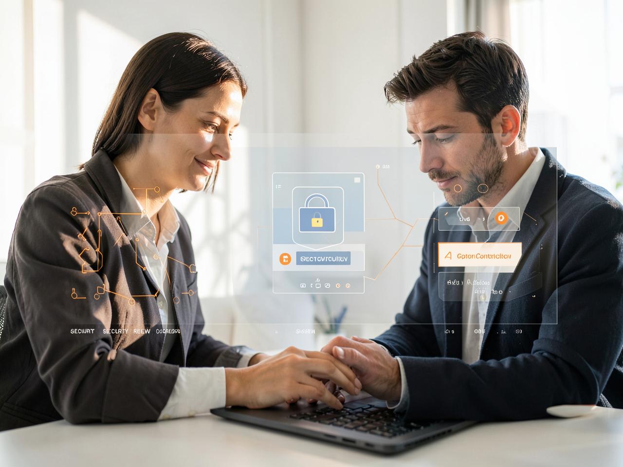 Two people reviewing a security dashboard together on a laptop