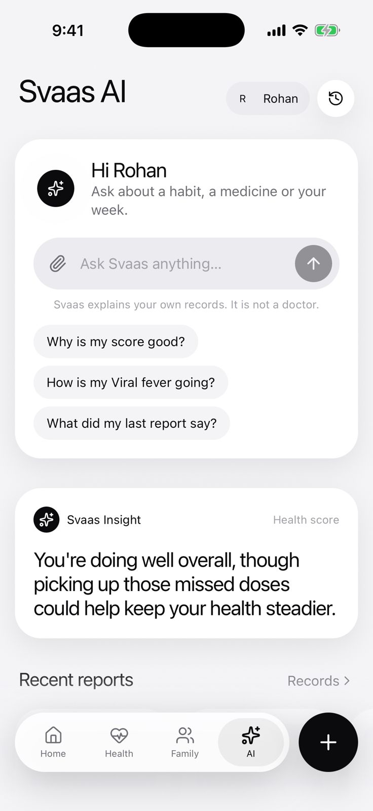 Svaas AI screen with suggested questions and an insight