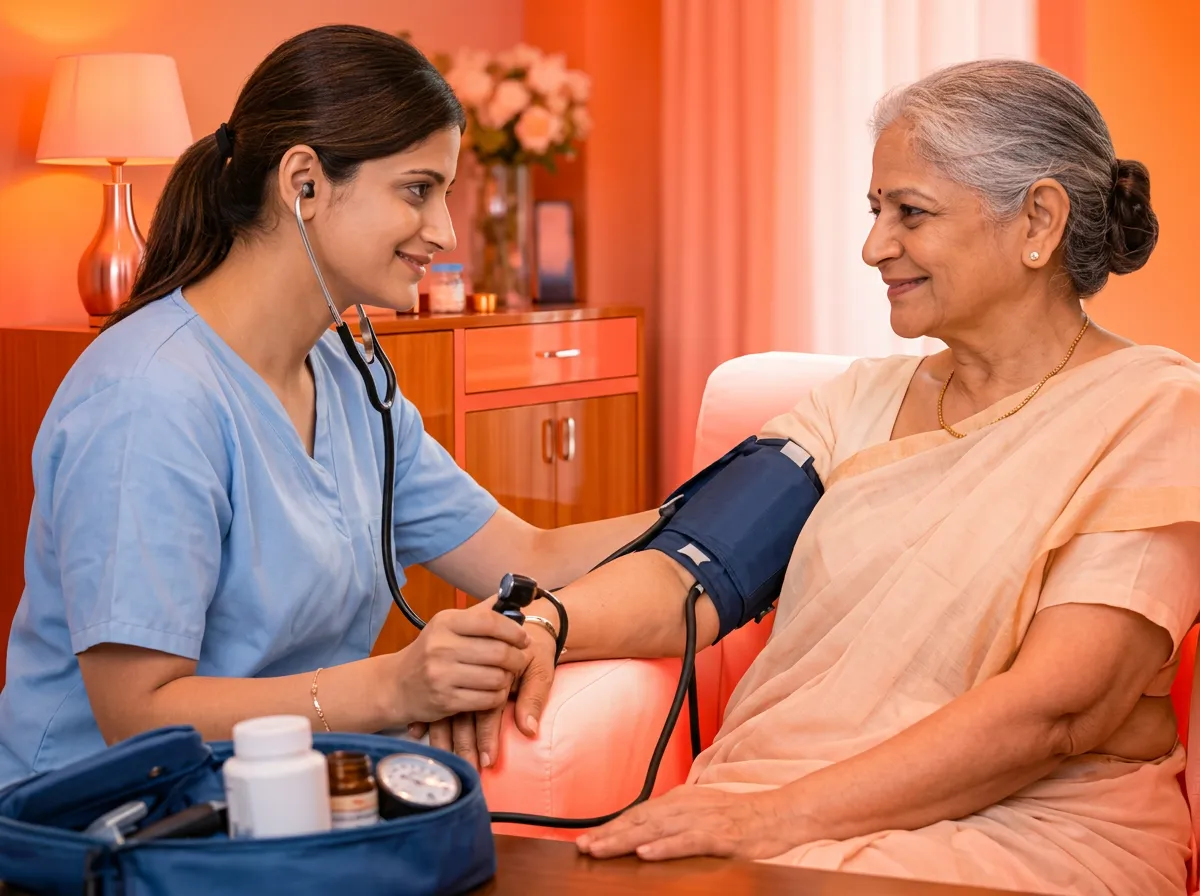 A caregiver checking an elderly woman's blood pressure at home