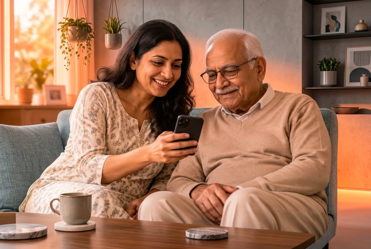 A daughter showing her father something on her phone at home