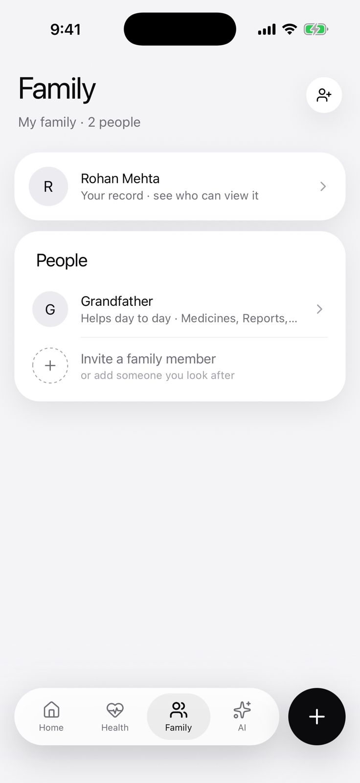 SVAAS family screen listing household members