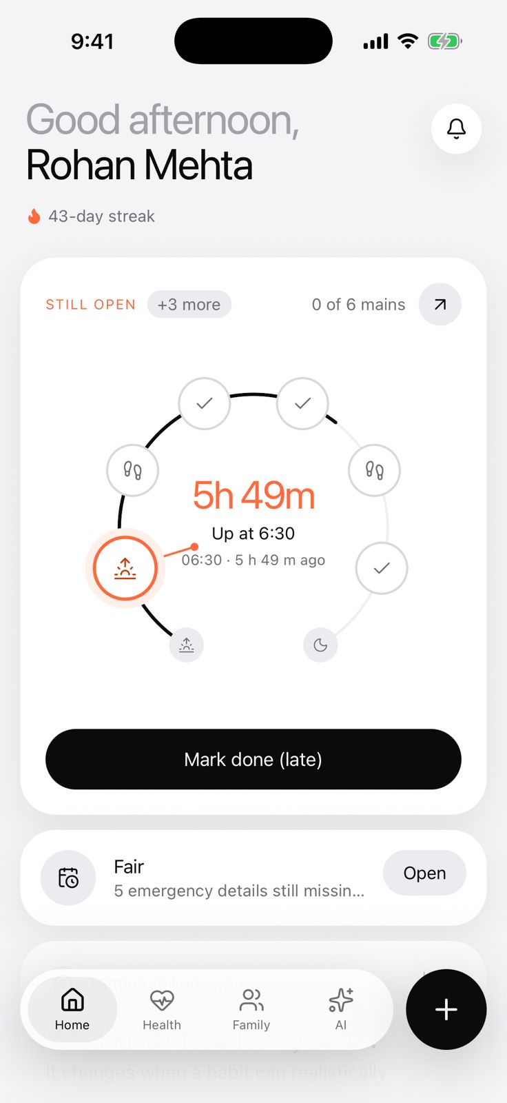 SVAAS home screen with the day's habit dial and streak