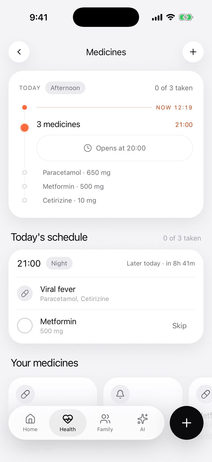 SVAAS medicines screen with one bundled evening reminder
